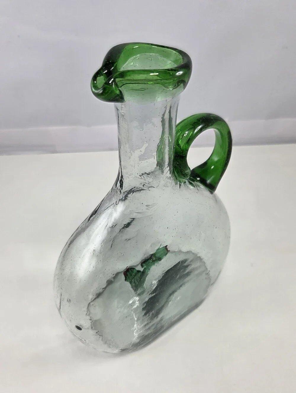 Vintage Mexican Hand-Blown Glass Decanter, Green Cactus Inside Tequila Pitcher
